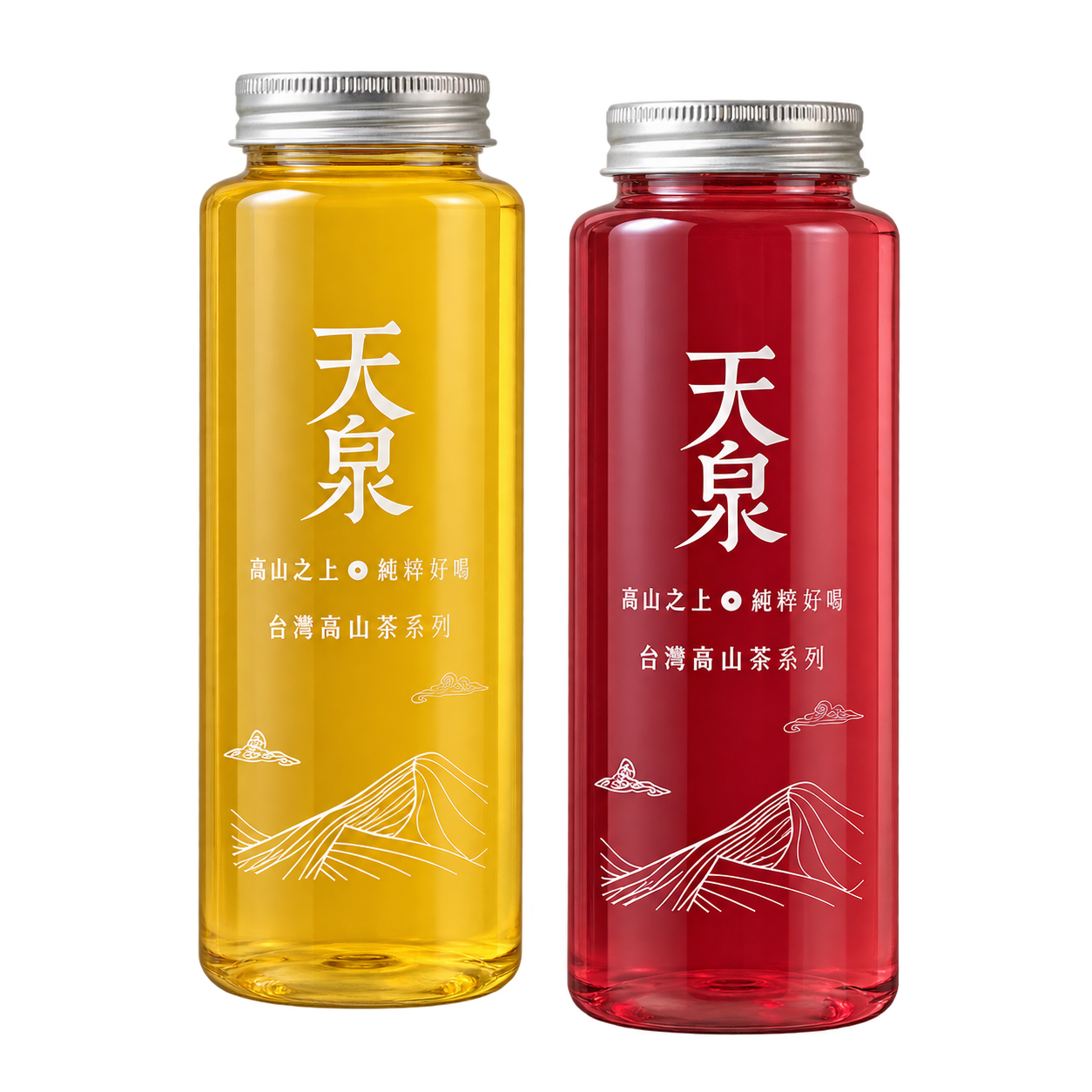天泉莊金黃與紅色瓶裝茶,銀色瓶蓋、白色天泉字樣與山形圖案