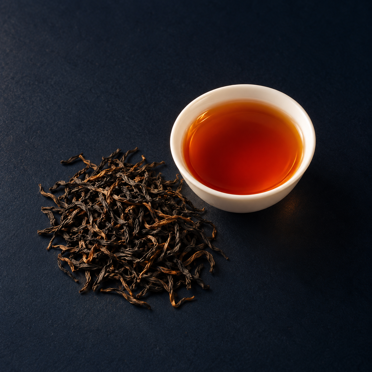 紅茶示意：褐黑色條形乾茶葉，搭配琥珀紅色茶湯